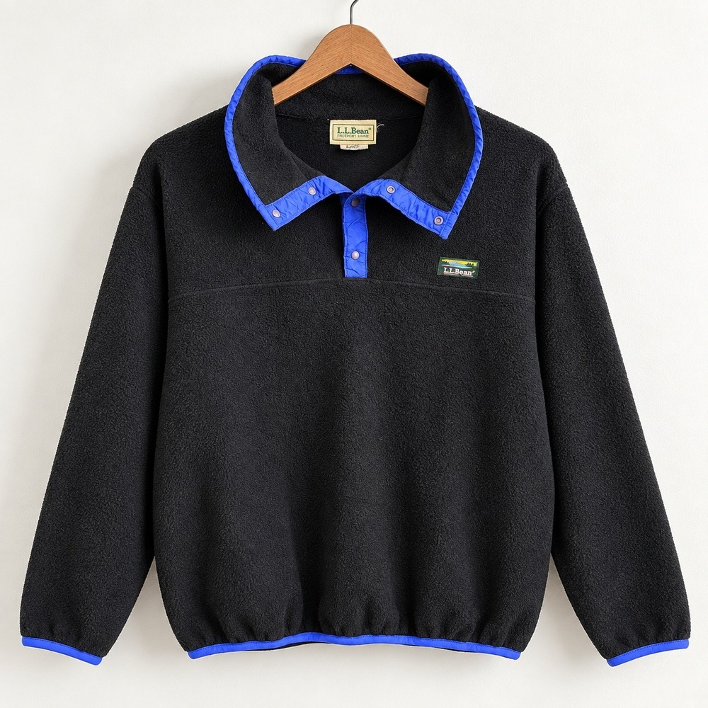 Vintage L.L.Bean Snap-T Fleece Freeport Maine Pullover Men L Black Blue Made USA